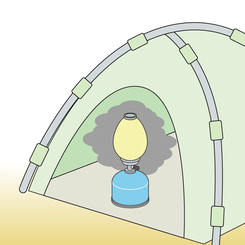 テント内ではランタン、こんろ等のガス器具を絶対に使用しないのイラスト